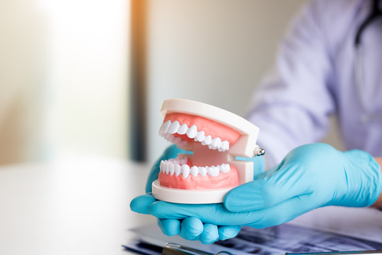 dentist holding dentures in hand